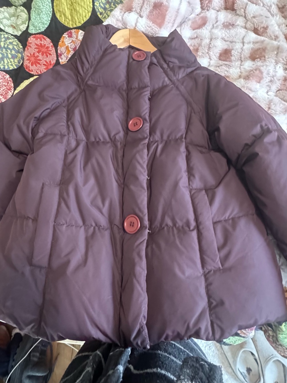 Garnet Hill Women’s Quilted Puffer Coat in Deep Plum 70% Down